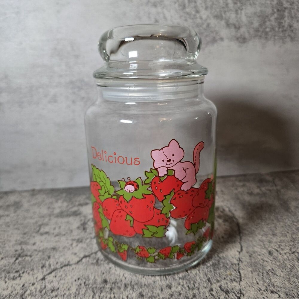 Vintage Strawberry Shortcake Storage Canister/Jar "Delicious" W/ Cat Kitschy